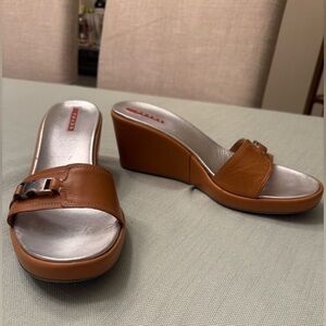 Prada Cognac Leather Wedge Slide Sandals Size 40